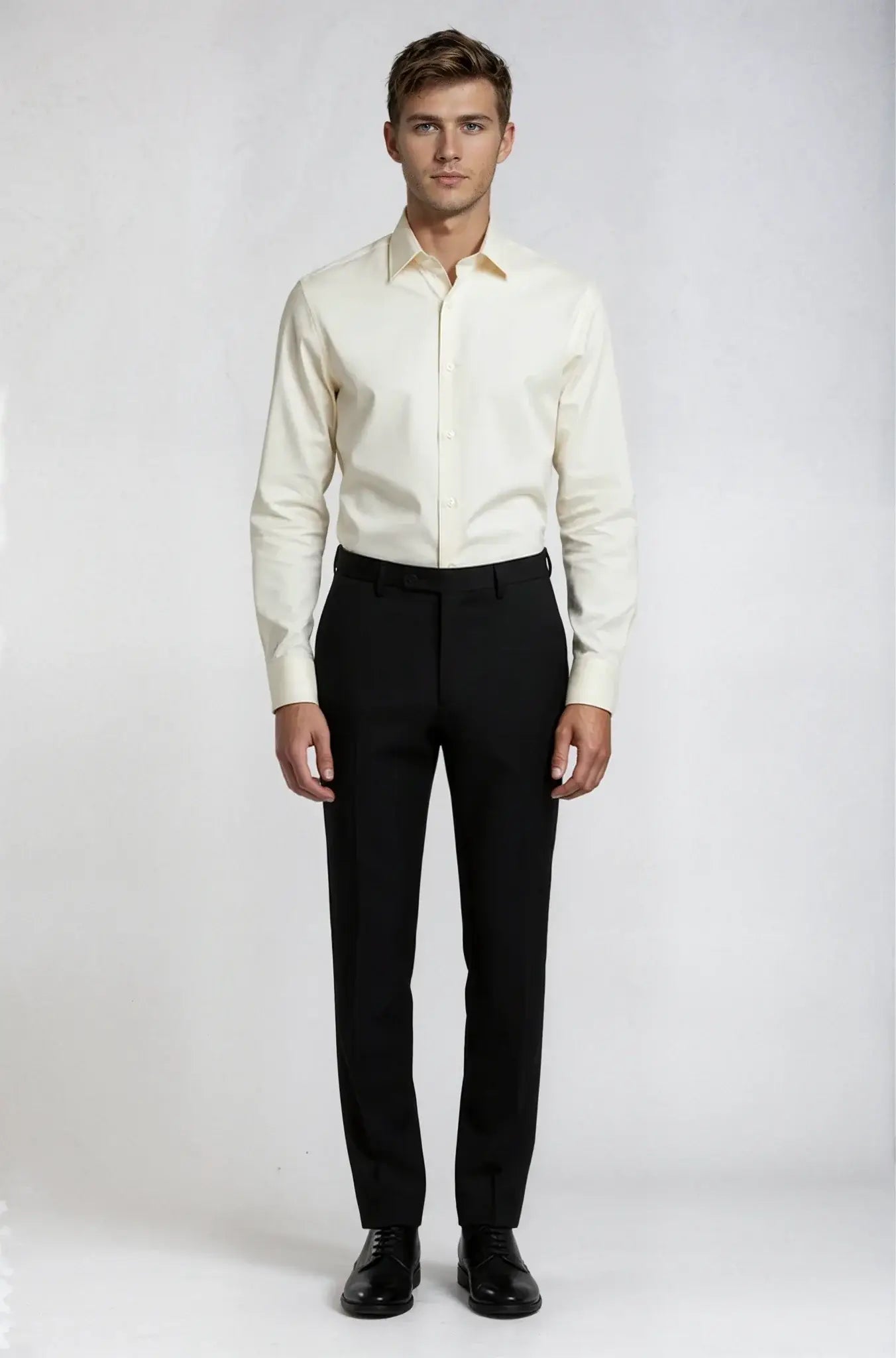 Classic Ivory Shirt – a timeless ivory shirt featuring a bespoke tailored fit with a clean, refined silhouette, crafted for elegant formal and smart occasion wear.