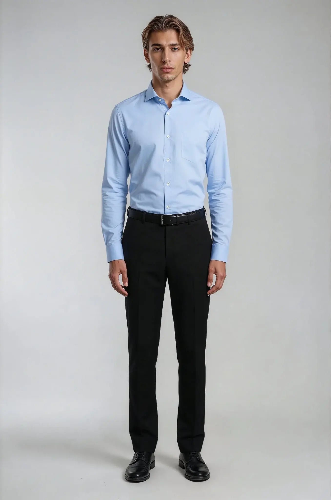 Classic Light Blue Poplin Shirt – a refined light blue shirt crafted in crisp poplin fabric, featuring a bespoke tailored fit for timeless elegance and polished everyday sophistication.