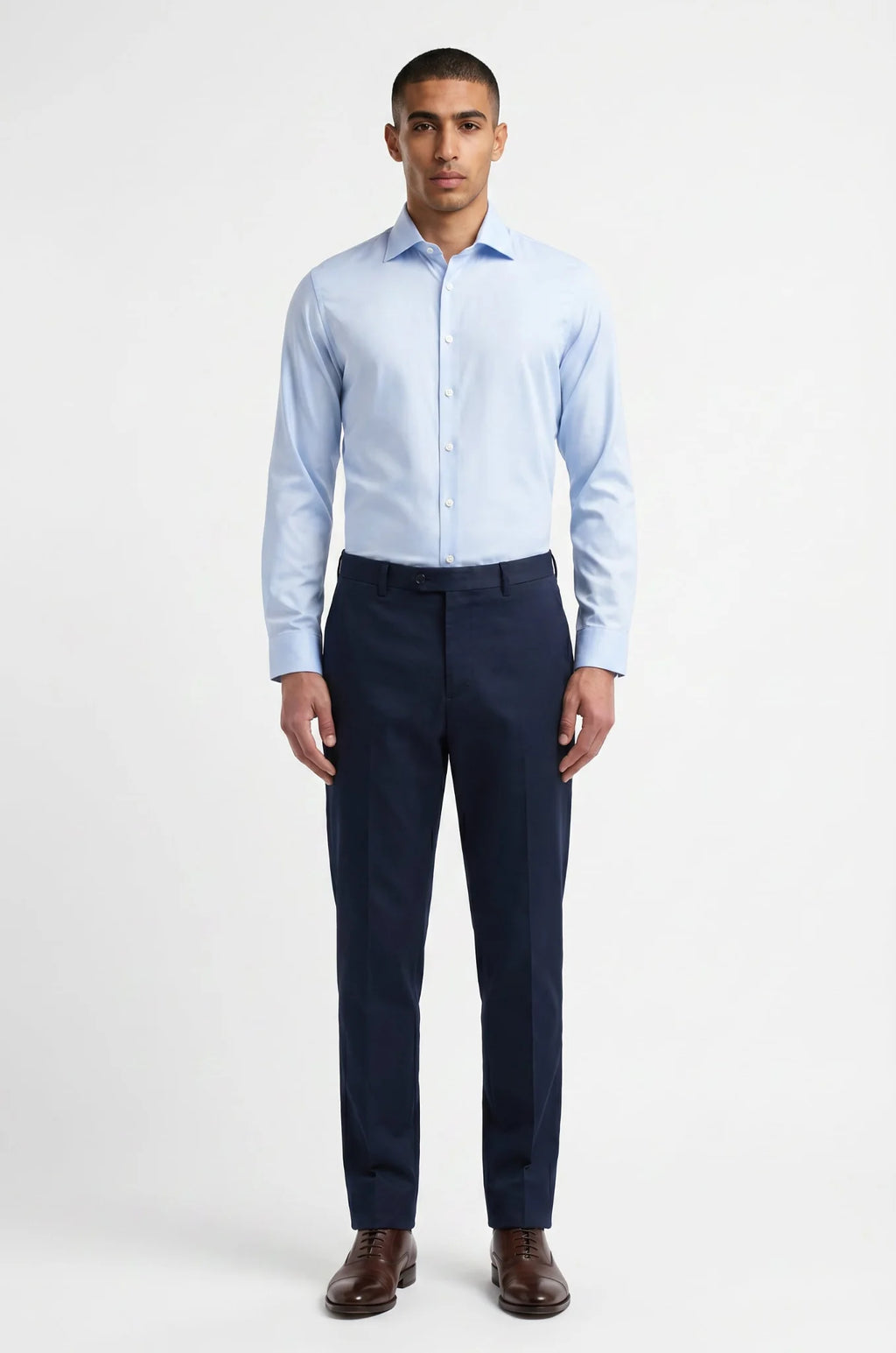 Men's Blutailor Light Blue Semi-Spread Italian Collar Shirt crafted from premium Giza cotton, featuring a crisp light blue finish, tailored fit, semi-spread Italian collar, and a refined design ideal for formal, business, and smart-casual occasions.