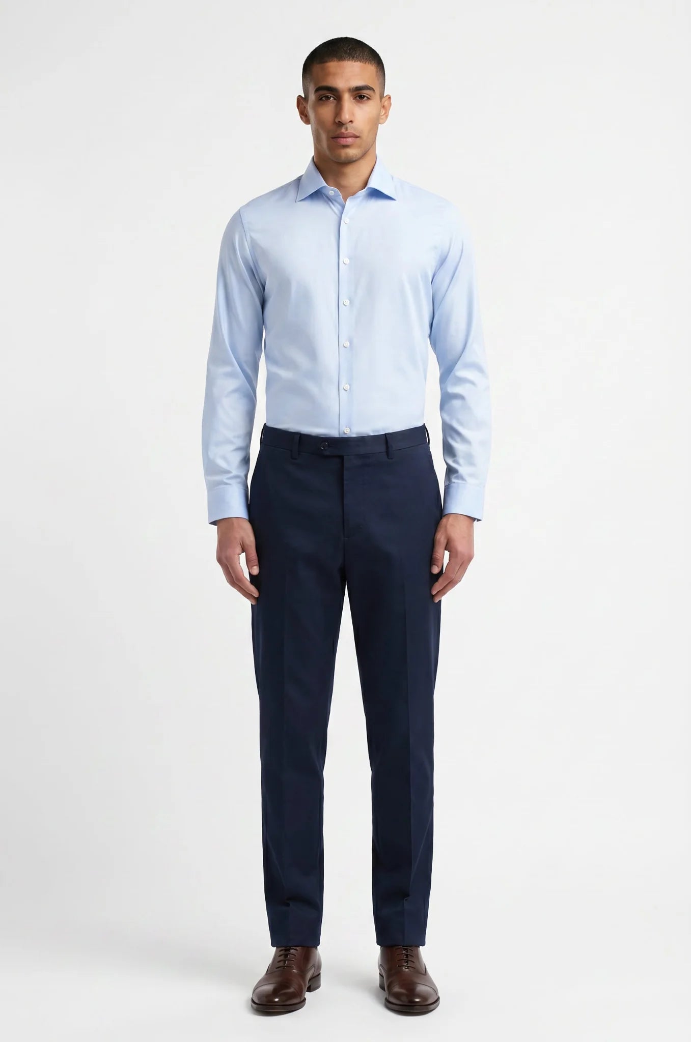 Men's Blutailor Light Blue Semi-Spread Italian Collar Shirt crafted from premium Giza cotton, featuring a crisp light blue finish, tailored fit, semi-spread Italian collar, and a refined design ideal for formal, business, and smart-casual occasions.