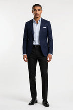 Men's Blutailor Navy Blue Cloud Blazer crafted from premium Giza cotton, featuring a deep navy blue hue, cloud-inspired design detailing, tailored fit, structured silhouette, and a refined aesthetic ideal for weddings, evening events, and sophisticated occasion wear.