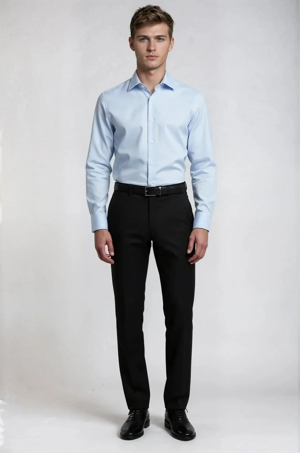 Classic Pale Blue Twill Shirt – a refined pale blue shirt crafted in a smooth twill weave, featuring a custom tailored fit for elegant comfort and timeless sophistication.