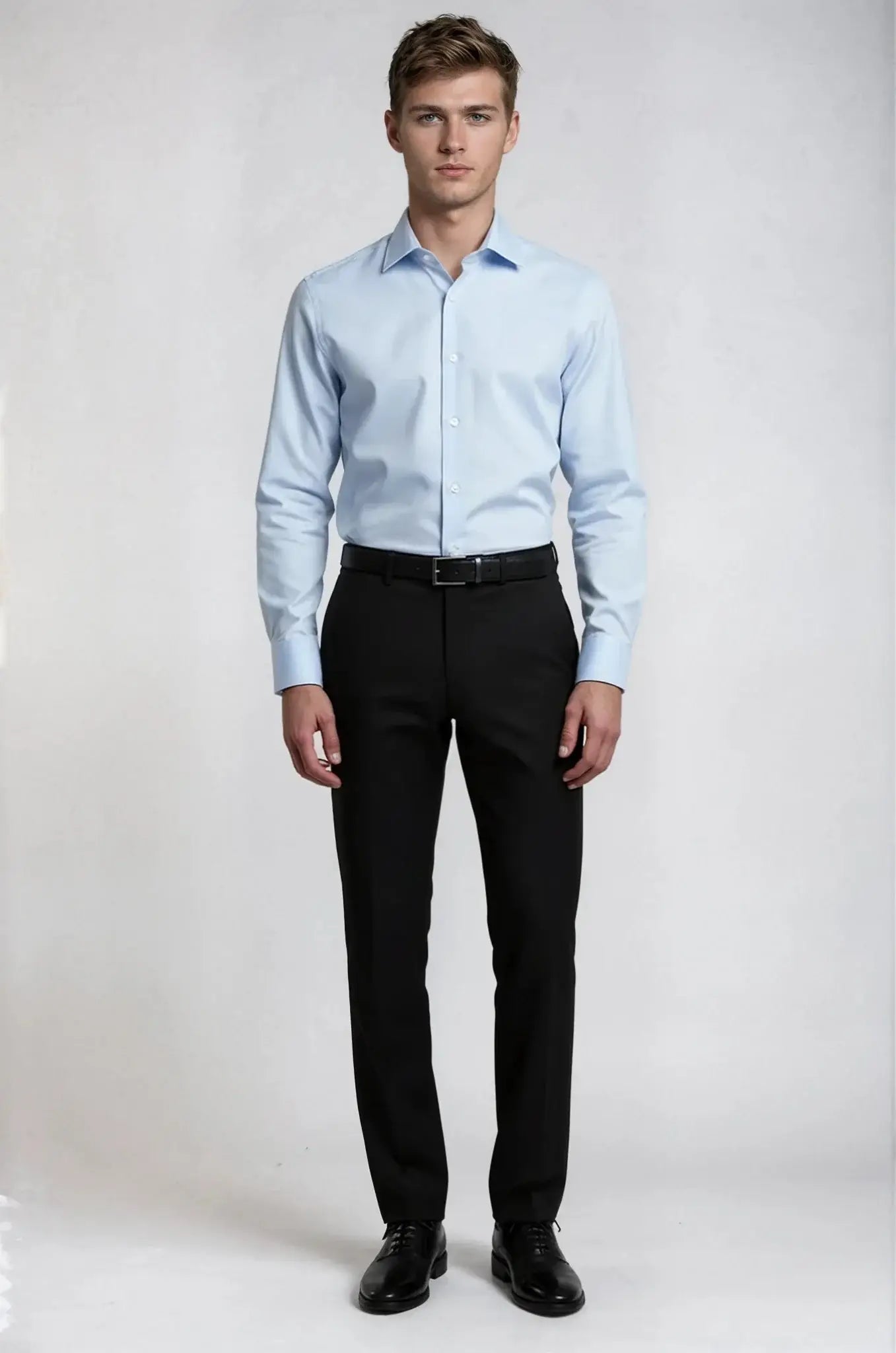 Classic Pale Blue Twill Shirt – a refined pale blue shirt crafted in a smooth twill weave, featuring a custom tailored fit for elegant comfort and timeless sophistication.