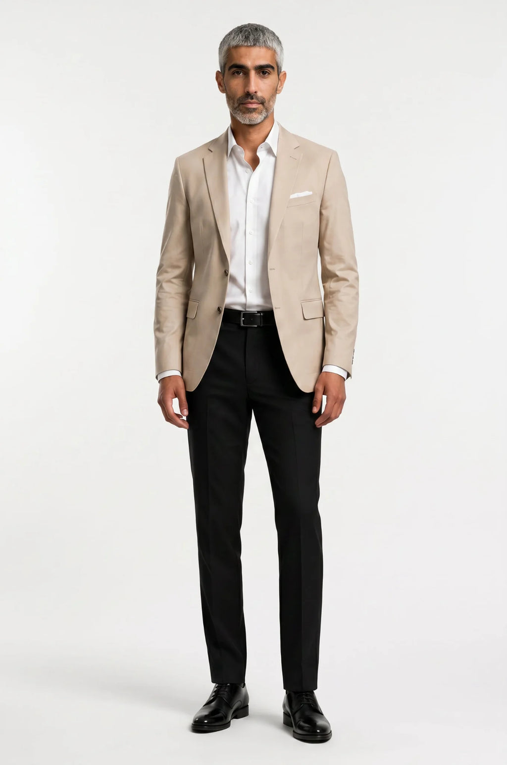 Men's Blutailor Sand Beige Cloud Blazer crafted from premium wool crepe, featuring a sophisticated sand beige hue, cloud-inspired design detailing, tailored fit, structured silhouette, and a refined aesthetic ideal for destination weddings, resort wear, daytime celebrations, and special occasions.