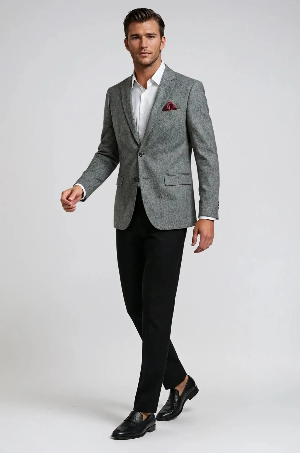Blutailor Textured Grey Blazer – an elegant grey blazer with subtle texture detailing, featuring a custom tailored fit designed for a sharp silhouette and refined formal sophistication.