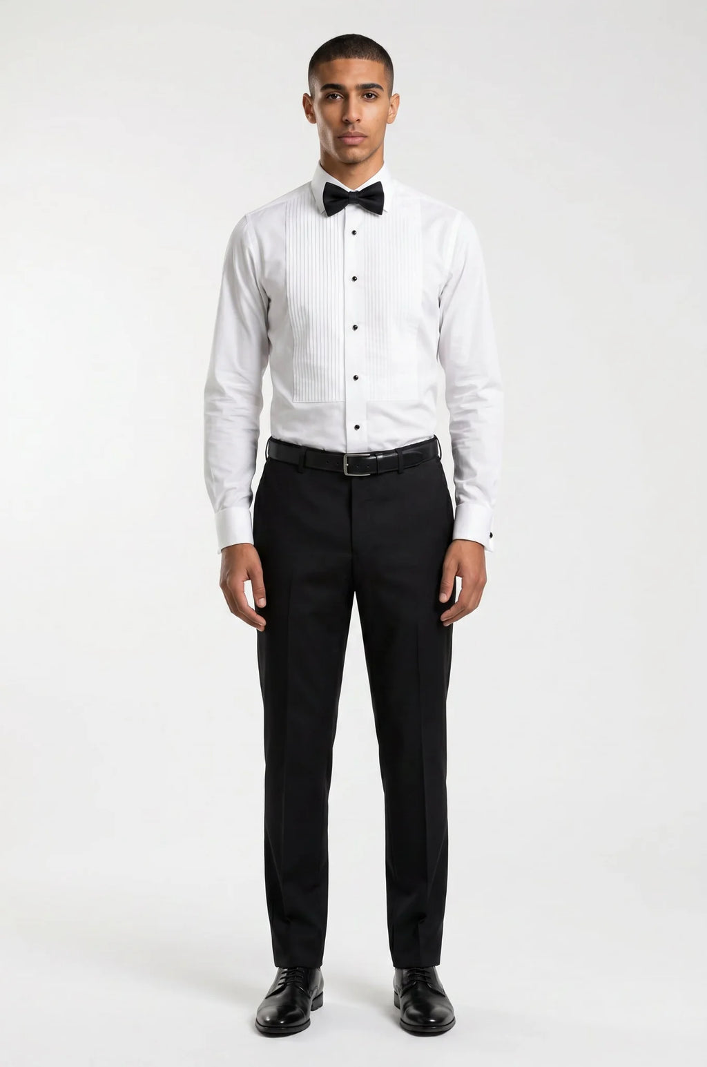 Blutailor white pleated tuxedo shirt in premium fabric with a custom tailored fit, featuring elegant pleat detailing and a crisp finish for a refined formal look.