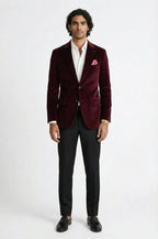 Blutailor Wine Suede Blazer – a luxurious wine-toned blazer crafted in rich suede, featuring a bespoke tailored fit for a sharp silhouette and elevated formal sophistication.